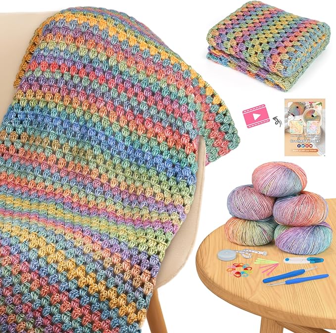 Aeelike Blanket Crochet Kit for Beginners, Super Easy Crochet Blanket Kit with Soft & Colorful Gradient Yarns Detailed Video Tutorials Crocheting Accessories, Rainbow Gradient & Ideal Gift