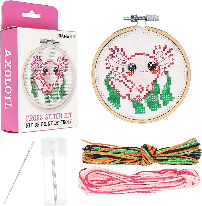 GAMAGO Axolotl Cross Stitch Embroidery Kit – DIY Needlework Craft Set with Hoop, Fabric, Floss & Instructions, Cute Beginner Embroidery Kit for Kids, Teens, & Adults