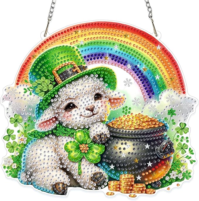 GHHKUD Sheep Diamond Art Hanging Kit for Adults, DIY Double Sided Diamond Painting Hanging St.Patrick's Day, Special Shaped Acrylic Ornaments Pendants for Window Home Garden Wall
