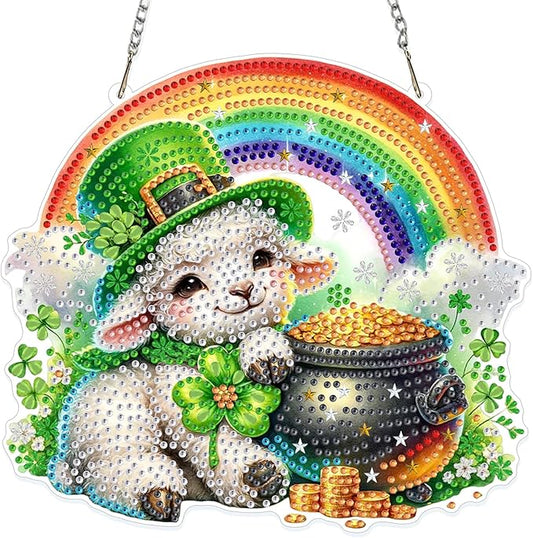 GHHKUD Sheep Diamond Art Hanging Kit for Adults, DIY Double Sided Diamond Painting Hanging St.Patrick's Day, Special Shaped Acrylic Ornaments Pendants for Window Home Garden Wall