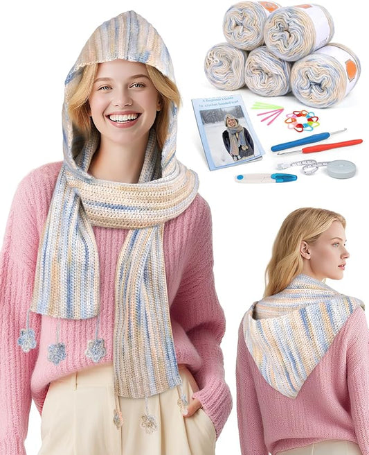 Coopay Crochet Kit for Beginners, Crochet Kits for Adults - 4 Basic Stitches to Complete Hooded Scarf, Perfect for Crocheting Hooded Scarf with Step-by-Step Instructions & 5 Yarns (Cloud Sea)