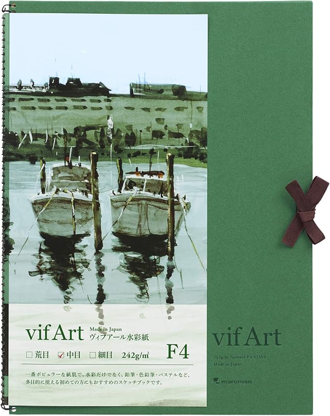 Maruman VifArt Watercolor Artbook- Premium Medium Watercolor Paper, Natural White, F4, 13.5" x 10.35", 15 Sheets/ 30 Pages, Reinforced Cover Sketchbook for Watercolor & Mixed Media, Green