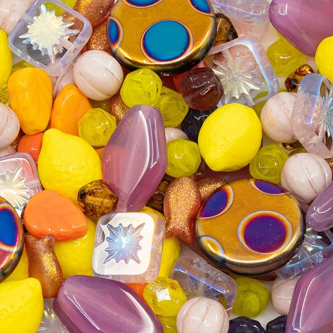1.4oz (40g) Limited Mix of Czech Glass Beads, Hand Made Set Kit, Pink Rhombus Flowers Yellow Lemon Beads