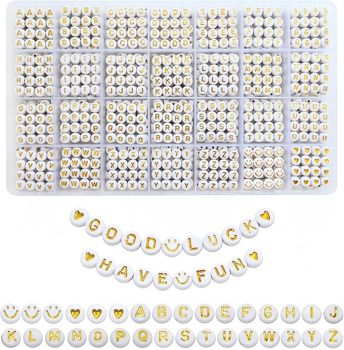 1400pcs Letter Beads Gold Alphabet A-Z and Smiley Heart Beads White Acrylic for Jewelry Making Bracelet