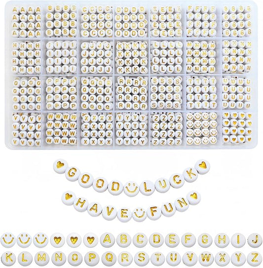 1400pcs Letter Beads Gold Alphabet A-Z and Smiley Heart Beads White Acrylic for Jewelry Making Bracelet