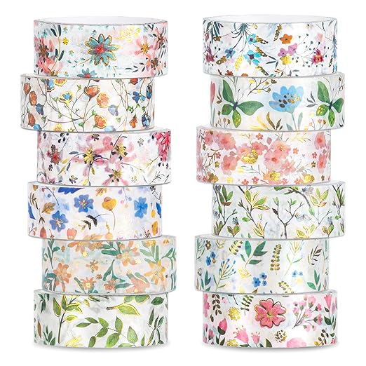 Whaline 12 Rolls Spring Floral Washi Tapes Foil Gold Colorful Flowers Masking Tape 0.6 Inch Watercolor Plants Spring Decorative Washi Tape Sticker for Holiday Scrapbook Journal DIY Craft Gift Wrapping