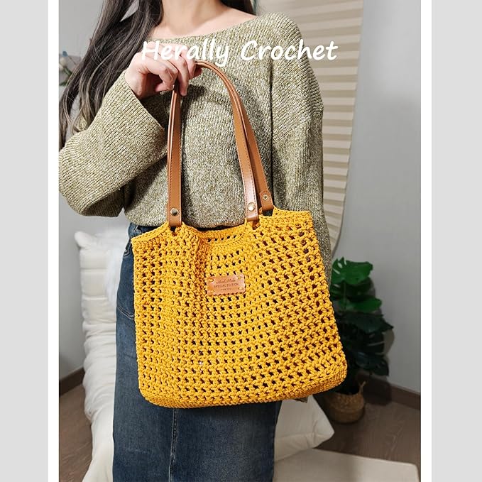 Herally Crochet Kit DIY Bag for Beginners - Include Yarn, Hook and Accessory - with Step by Step Video Tutorials - Crochet Tote Bag (Yellow)