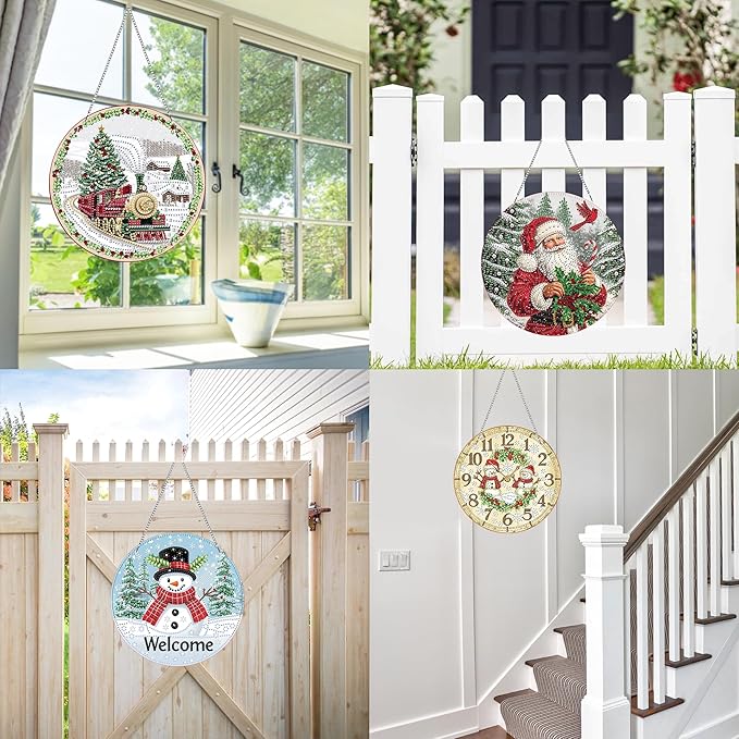 VAIIEYO Christmas Diamond Art Hanging Ornament, Garland Diamond Painting Suncatchers Window Hanging Kit with Chain, 7.5x7.5 inch Crystal Pendant Art Craft for Gift Home Wall Front Door Decoration