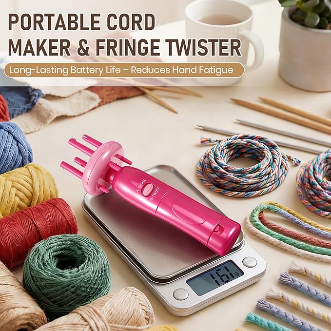 Gulfmew Portable Cord Maker & Fringe Twister, Handheld Yarn Crafting Tool for DIY Macrame & Knotting, Lightweight & Beginner-Friendly, Twisting Tassels in Seconds for Scarves(Pink)
