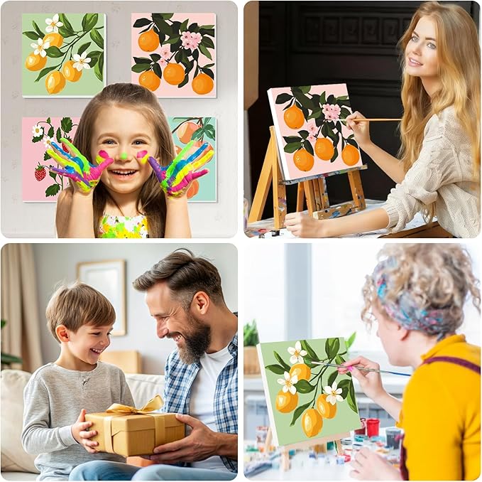 Lxmsja 4 Pack Fresh Fruit Harvest Paint by Numbers Kit for Adults, Easy Framed Paint by Numbers for Adults Beginner, DIY Acrylic Oil Painting Craft Kits for Home Wall Decor 8x8 inch