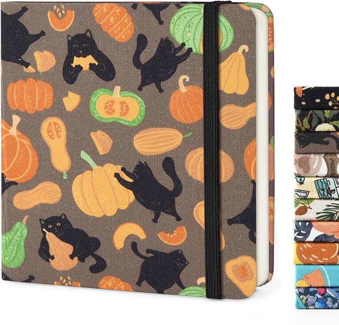 Handy Size 5 x 5 inches Sketch Book, 80GSM Acid Free Artistic Drawing Painting Writing Paper, Hardcover Cloth Cover Art Sketchbook,Journal Notebook.Pumpkin Cat