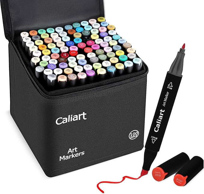 caliart markers, 100 colors dual tip art markers sketch pens permanent alcohol based, with case for adults artists drawing illustration sketching coloring (black barrel)