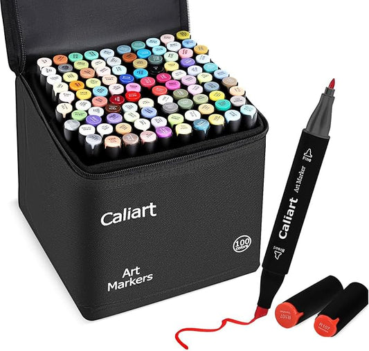 caliart markers, 100 colors dual tip art markers sketch pens permanent alcohol based, with case for adults artists drawing illustration sketching coloring (black barrel)