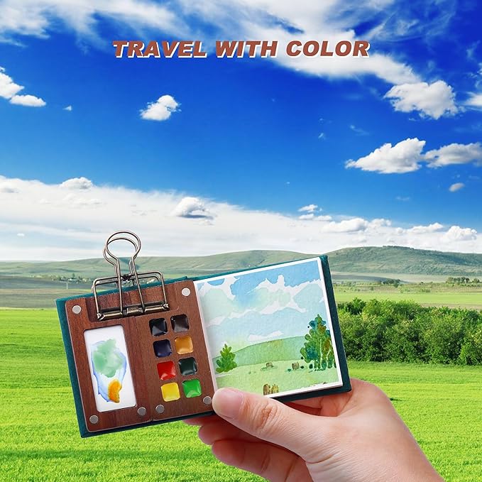 Mini Watercolor Paint Set, Portable Travel Art Kit with Wooden Palette, 8 Color Pigments, Watercolor Pad, Water Brush Pens and Accessories for Artists