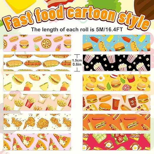 12 Rolls Cute Food Washi Tape Cartoon Yummy Fast Food Masking Tape Set Decorative Wrapping Paper Tapes for Scrapbook Journal DIY Art Crafts