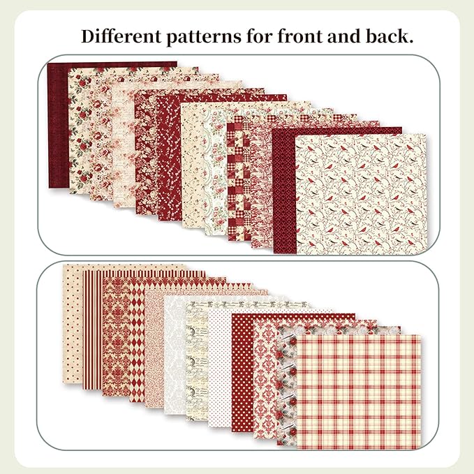 Vintage Red Scrapbook Paper, 12x12 Paper Pad, 24 Sheets/ 12 Designs Flower Garden Pattern Paper Vintage Rose Scrapbook Specialty Paper Double Sided Floral Decorative Craft Paper