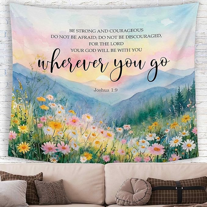 MNASAIOO Christian Wildflower Mountian Wall Tapestry Hanging for Bedroom, Bible Verse Scripture Joshua 1:9 Tapestries,Watercolor Spring Colorful Landscape Wall Decor for Living Prayer Room 50x60in