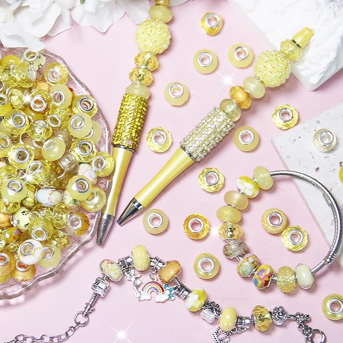200Pcs Large Hole Beads Spacer Bead Yellow Assorted European Craft Big Beads Large Hole Lampwork Murano Fairy Wand Garden Bead for DIY Charm Bracelet Necklace Jewelry Making Decoration Supplies