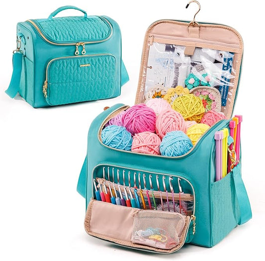 MYBAGZING Crochet Bag Organizer, Quilted Storage Bag with Hanging Hook, Yarn Holder for Knitting & Crochet Accessories, Crochet Gift for Mother's Day