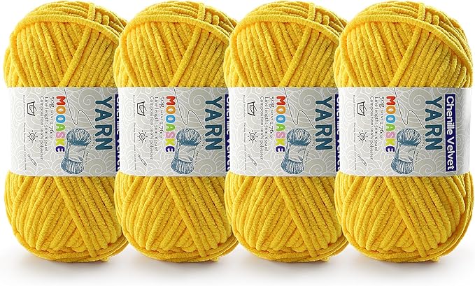 4 Pac Chenille Yarn for Crocheting - Blanket Yarn for Crocheting - Fluffy Yarn for Crochet, Baby Yarn for Crocheting Soft Blankets Weight Per Roll 50g/1.76oz, Length 60m/65yard (Golden Yellow)