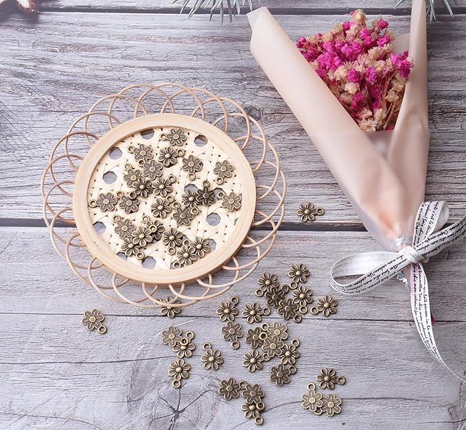 Ruwado 50 Pcs Little Flowers Charms Metal Vintage Cute Vintage Small Flower Pendants for Jewelry Making Kit Bracelet Necklace DIY Making Crafting Project Accessories Supplies (Bronze)