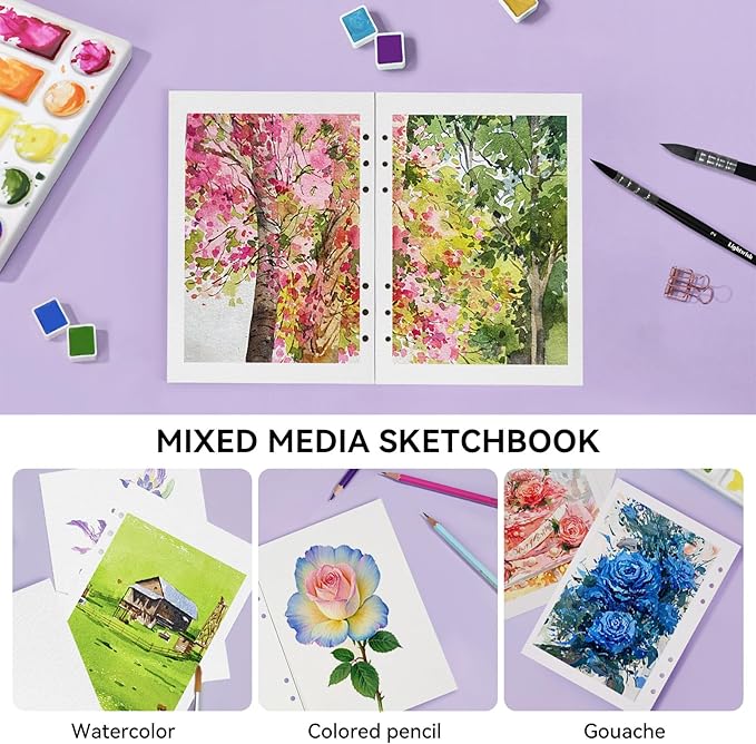 LIGHTWISH Watercolor Paper Bulk, 100% Cotton Cold Press 450gsm, 2 Pack, Total 30 Sheets A5 Hole-Punched Replaceable Paper for Artists, Adults,Students,5.8 * 8.2 Inches