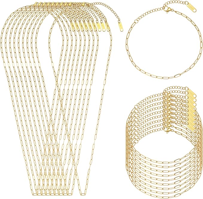 Swyabi 20 PCS Gold Plated Necklace Bracelet Chains Bulk Stainless Steel Paperclip Chain with Extender for Jewelry Making
