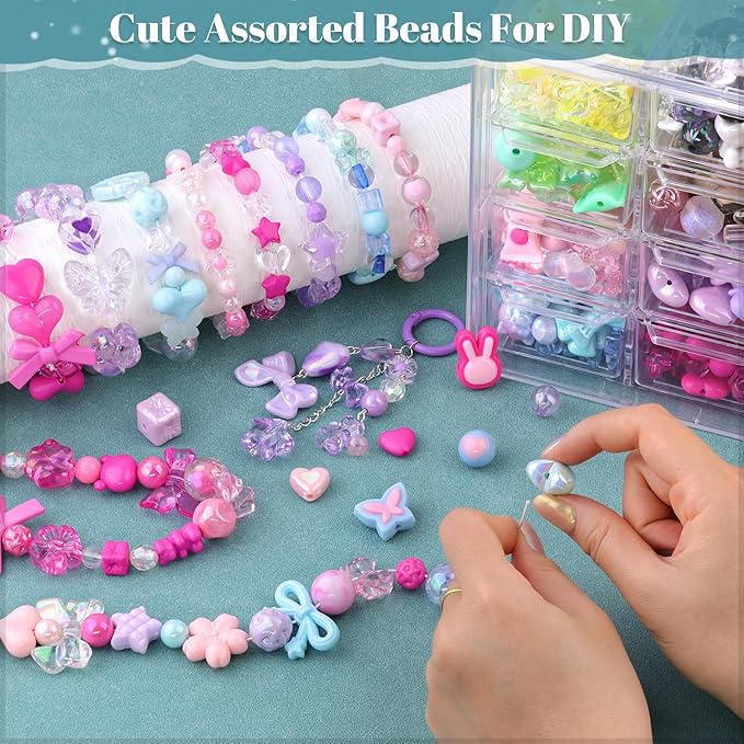 210-270PCS TINKRSTUFF Assorted Acrylic Beads, Mixed Cute Beads for Bracelet Making, Bow Aesthetic Flower Star Butterfly GummyBear Kawaii Charms for Jewelry Necklace Making DIY Keychain Phone Charm