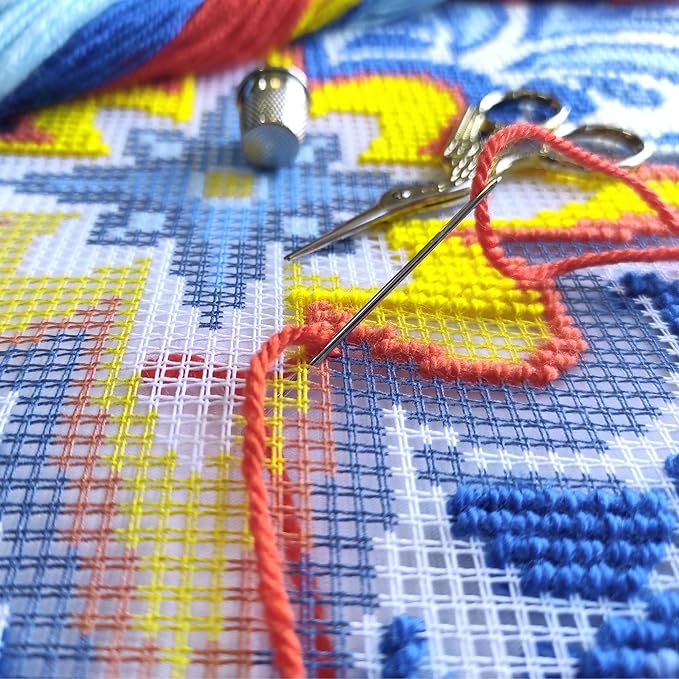 Brvsk Ornamental Stamped Cross-Stitch Kit for Adults and Beginners — Fire and Ice 16″ × 16″ with Clear, Precise Printed Design on Cotton Canvas; Includes 2 Needles, Yarn, and Easy-Read Chart