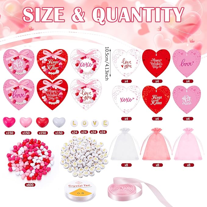 Kigeli 24 Set Valentine's Day Bead Wristband Craft Kit, Valentine Bracelet Crafts, DIY Heart Bracelet Making Kit, Exchange Romantic Art Craft Gifts, Valentines Decor for Party Favor Activity