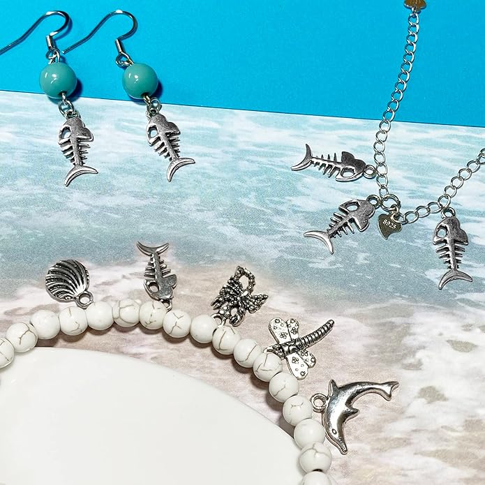 Heather's cf Silver Sea Charms – Antique Pendants, Non-Tarnish, Lead-Free & Nickel-Free, Bulk Ocean Animal Charms for DIY Jewelry, Bracelets, Necklaces, Earrings, Beach Craft Supplies (Sea Animals)