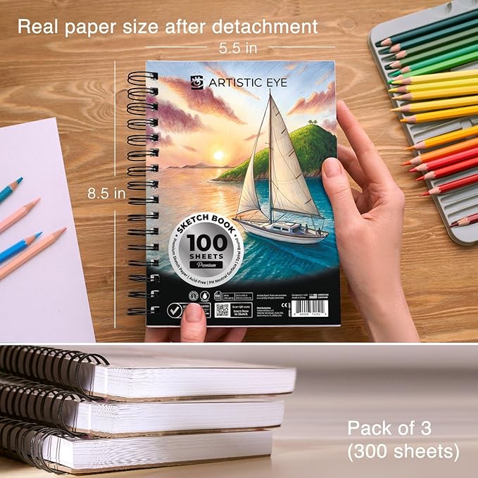 artistic eye 5.5x8.5” premium sketch book set, pack of 3 (300 sheets), 68lb (100gsm), spiral bound, acid-free drawing paper, perfect for most dry media, ideal for beginners & professionals (set of 3)