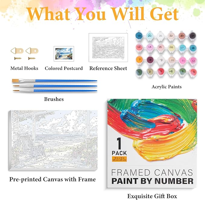 Framed Paint by Numbers Kit for Adults Beginner Seaside Scenery, Adult Paint by Number Kits on Canvas Framed, DIY Acrylic Oil Painting by Numbers with Frame, Perfect for Home Decor Gift 12 X 8 Inch
