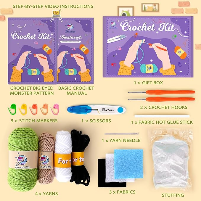 Crochetta Crochet Kit for Beginners, Crochet Starter Kit w Step-by-Step Video Tutorials, Beginner Crochet Kit for Adults Kids Women Men Complete Kit Included (Flower Hairpin)