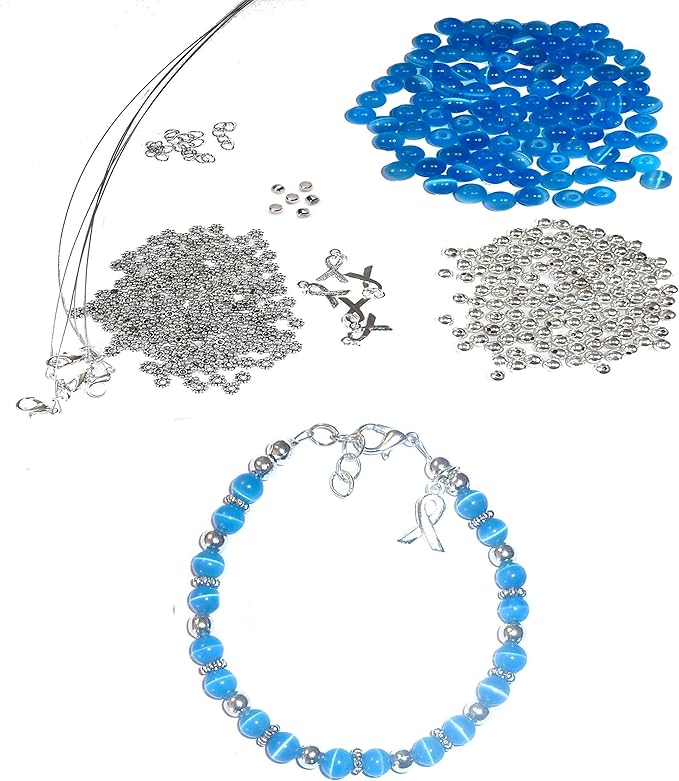 Hidden Hollow Beads DIY Craft Beading Kit, Everything to Make Cancer Awareness Bracelets, Uses Wire, Crimps and Clasps, Fundraising and Gifts (Colon Cancer - Blue - Makes 5)