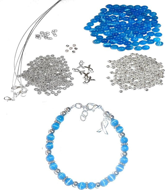 Hidden Hollow Beads DIY Craft Beading Kit, Everything to Make Cancer Awareness Bracelets, Uses Wire, Crimps and Clasps, Fundraising and Gifts (Colon Cancer - Blue - Makes 5)