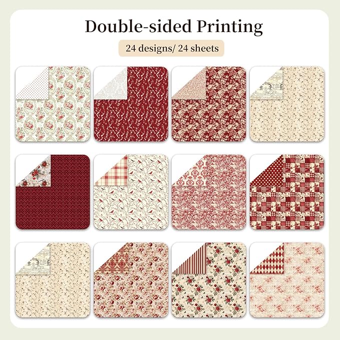 Vintage Red Scrapbook Paper, 12x12 Paper Pad, 24 Sheets/ 12 Designs Flower Garden Pattern Paper Vintage Rose Scrapbook Specialty Paper Double Sided Floral Decorative Craft Paper