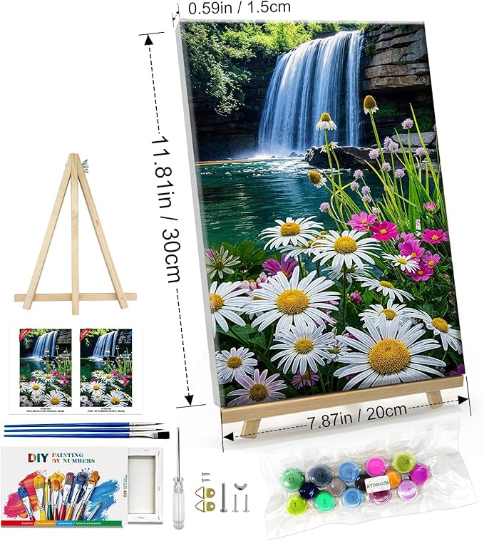 ATDMS Paint by Numbers Kit for Adults with Frame, Landscape Paint by Number with Easel, DIY Flowers Adult Paint by Number Kits on Canvas, Waterfall Oil Painting Kits for Home Wall Decor 8x12 Inch
