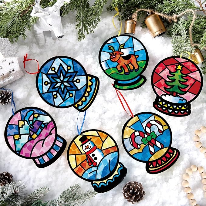 30 Pcs Christmas Snow Globe Suncatchers Paper Craft Set Snow Globe DIY Stained Glass Effect Tissue Paper Kits Gift Bulk for Xmas Classroom Activities Art Party Decor