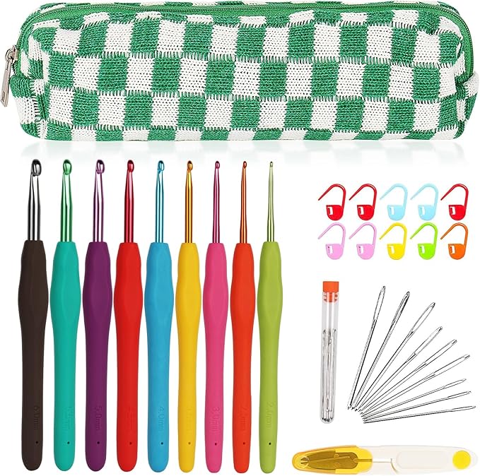 Aelike Ergonomic Soft Grip Crochet Hooks, Portable Travel Set with Accessories, Aluminum Needles 2mm-6mm