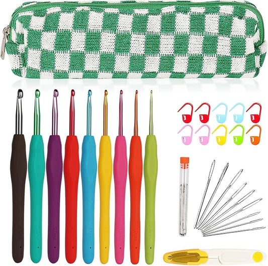 Aelike Ergonomic Soft Grip Crochet Hooks, Portable Travel Set with Accessories, Aluminum Needles 2mm-6mm