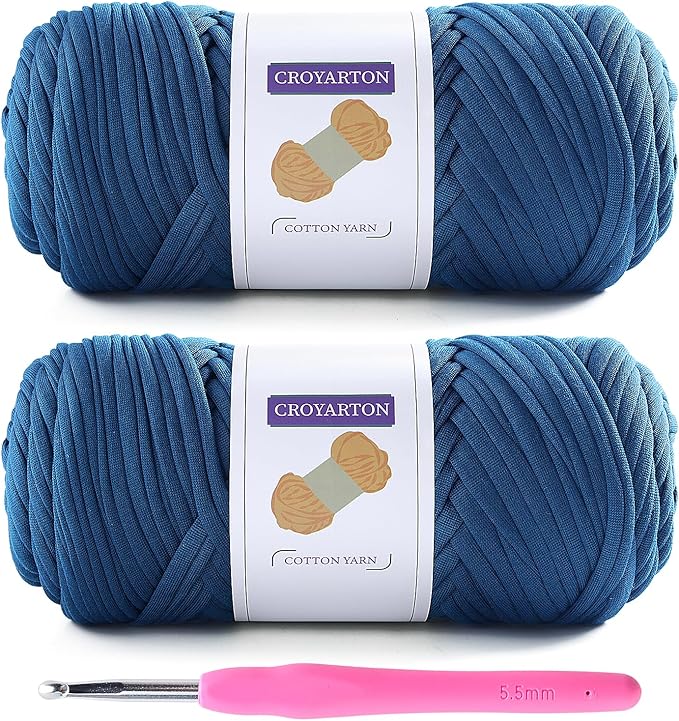 2 Pack T Shirt Yarn for Crocheting with 1 Crochet Hook, Elastic Tshirt Yarn for Crochet Bag/Baskets/Home Decor, Spaghetti Yarn Thick Knitting Yarn Total Length 130 Yds, Weight 14 Oz (Dark Blue)