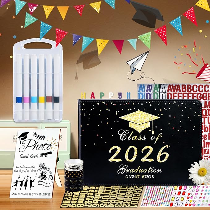LUYI 29 Pcs 2026 Graduation Guest Book Set with Graduation Photo Guest Book Sign, Graduation Scrapbook Photo Album Memory Book DIY Kit with Markers Stickers for Congrats Grad Gifts Party Supplies