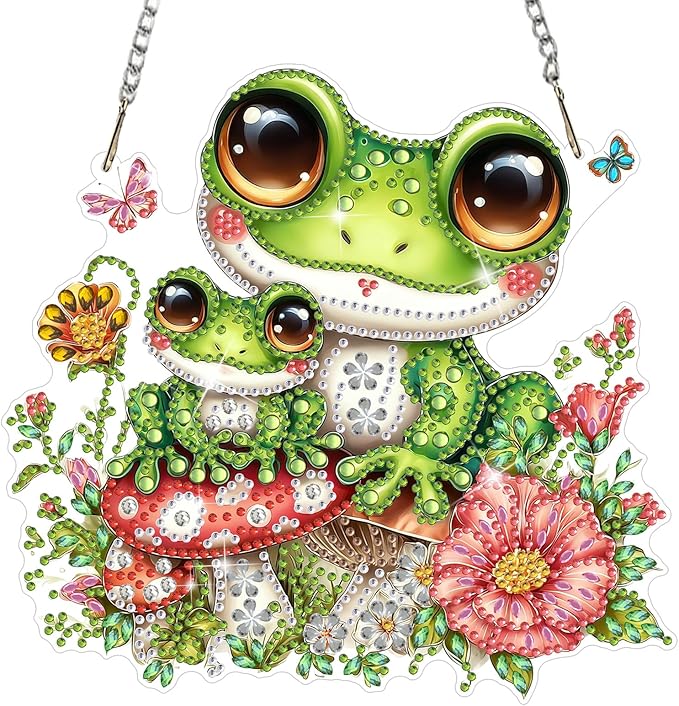 MEIYUDA Frog Diamond Art Hanging Kits for Adult, Mushroom Frog Diamond Painting Hanging Kits Ornaments, DIY Special Shaped Rhinestone Window Pendants Kit for Home Garden Wall Decor Gift
