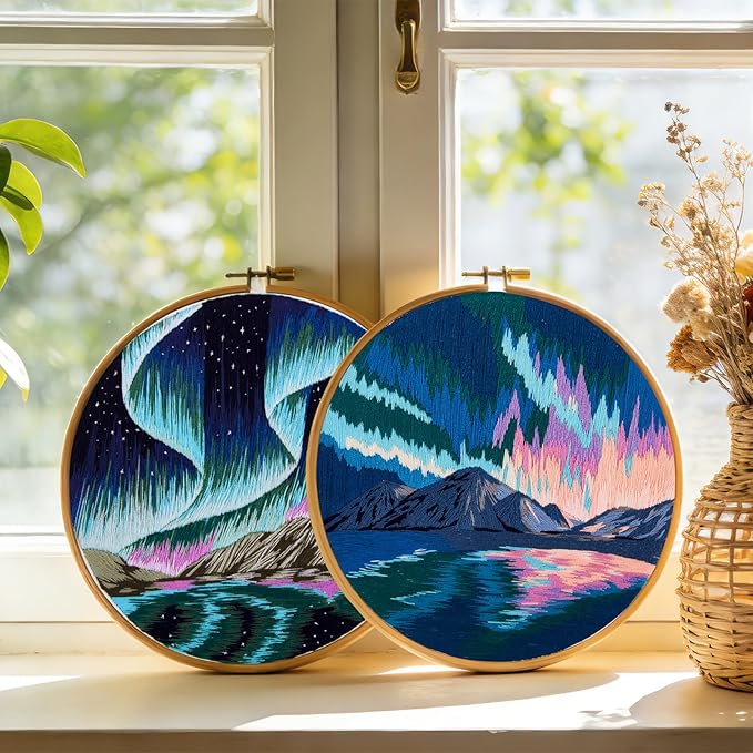 Aurora Borealis Embroidery Starter Kits for Beginners Adults, Stamped Cross Stitch Kit for Adult Beginner, Hand Embroidery Needlepoint Kit, 2 Set Embroidery Supplies, 2 Hoops (Attached Video Tutorial)