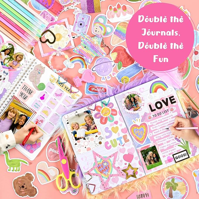 2-pack diy journal kit for girls ages 8-12 13 14 year olds, birthday gifts for teen girls, 110pcs cute scrapbook supplies stationary, journaling art crafts trendy stuff for kids, cat diary with lock