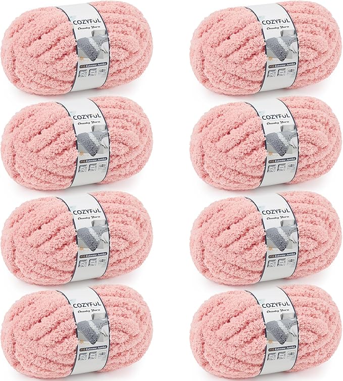 Chunky Yarn for Hand Knitting - #10 Chunky Chenille Yarn, Jumbo Big Thick Chunky Yarns for Crocheting, Super Bulky Chunky Knit Blanket Yarns, 8 Skein (25 yds 8 oz Each Skein), Pink