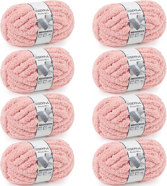 Chunky Yarn for Hand Knitting - #10 Chunky Chenille Yarn, Jumbo Big Thick Chunky Yarns for Crocheting, Super Bulky Chunky Knit Blanket Yarns, 8 Skein (25 yds 8 oz Each Skein), Pink