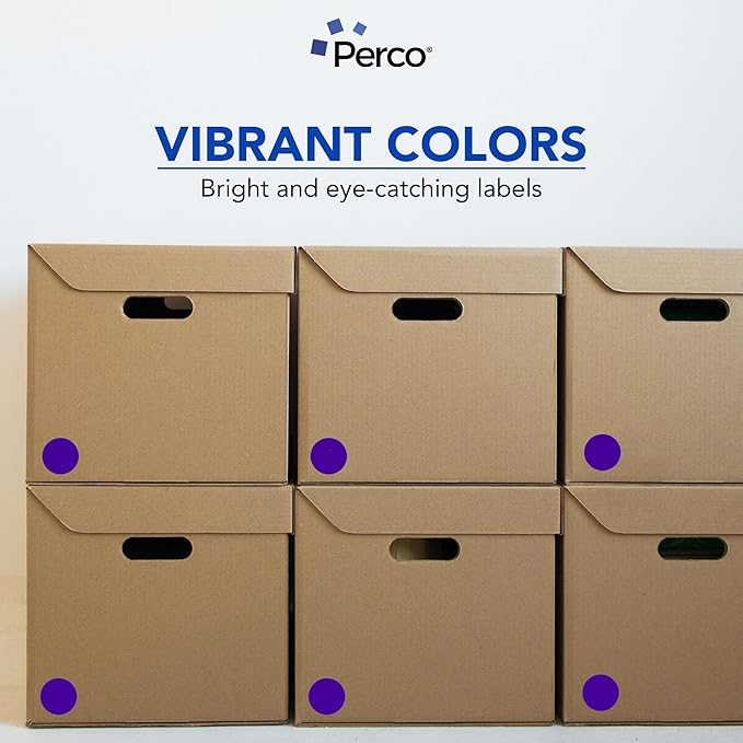perco purple 2-inch perforated circle dot sticker labels — 250 round stickers per roll — with permanent adhesive for organizing, color coding, bin labeling, packaging alerts — made in usa