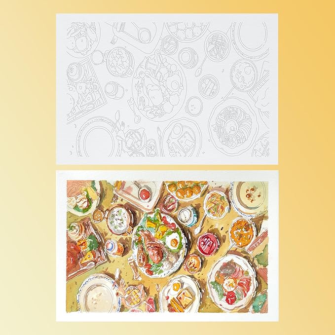 Lightwish Watercolor Coloring Book for Adults & Beginners,100% Cotton 300gsm/140lb Acid-Free Cold Press Paper, 8.3 x 5.6 Inches,15 Sheets,Food-Themed